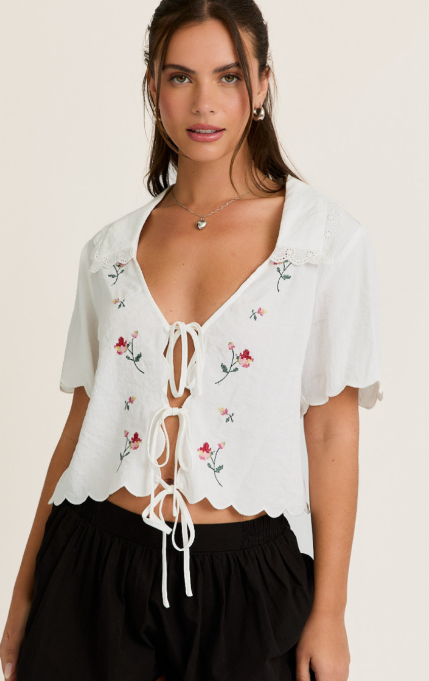 Flower Embroidered Tie Top