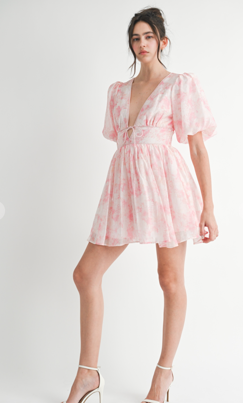 Pink Floral Puff Sleeve Dress