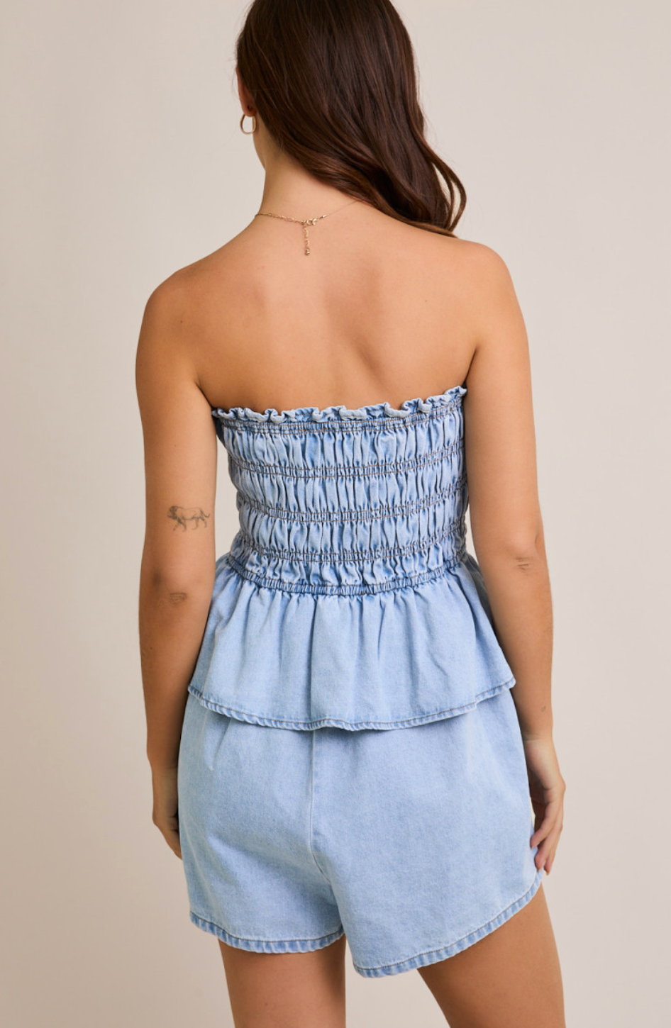 Denim Ruffle Strapless Romper