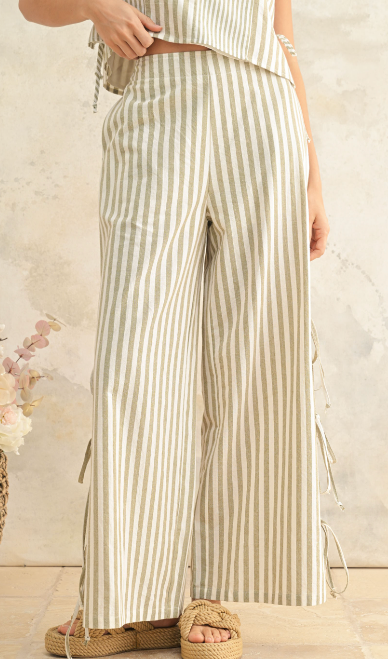 Olive Linen Stripe Top & Pants Set of 2