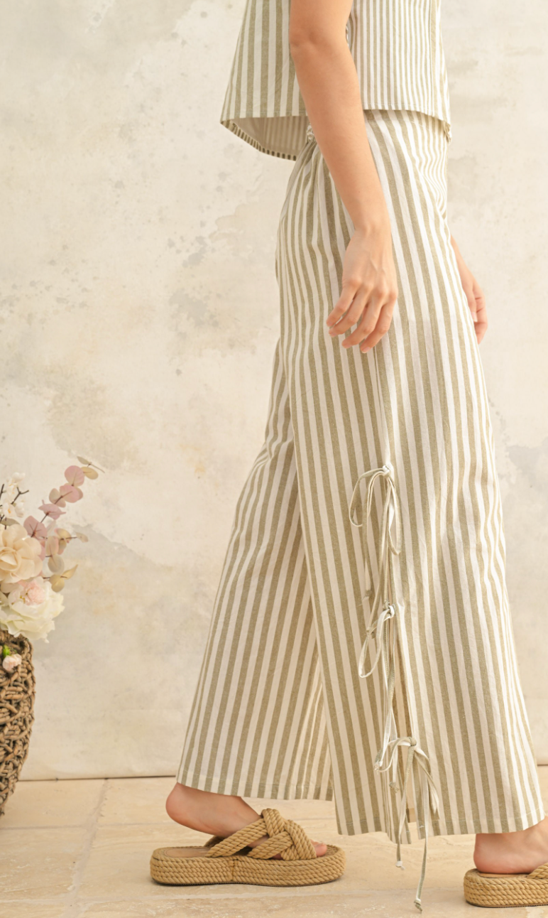 Olive Linen Stripe Top & Pants Set of 2
