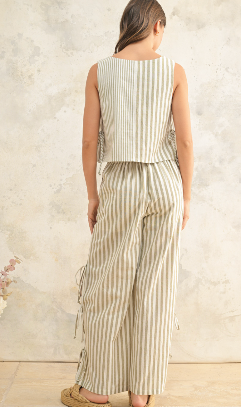 Olive Linen Stripe Top & Pants Set of 2