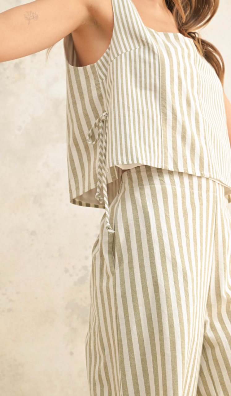 Olive Linen Stripe Top & Pants Set of 2