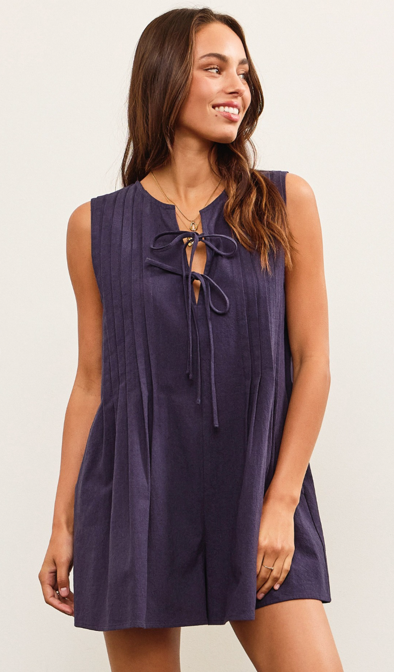 Pleated Tie Up Romper Navy
