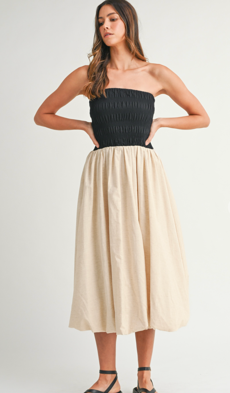 Linen Smocked Strapless Dress