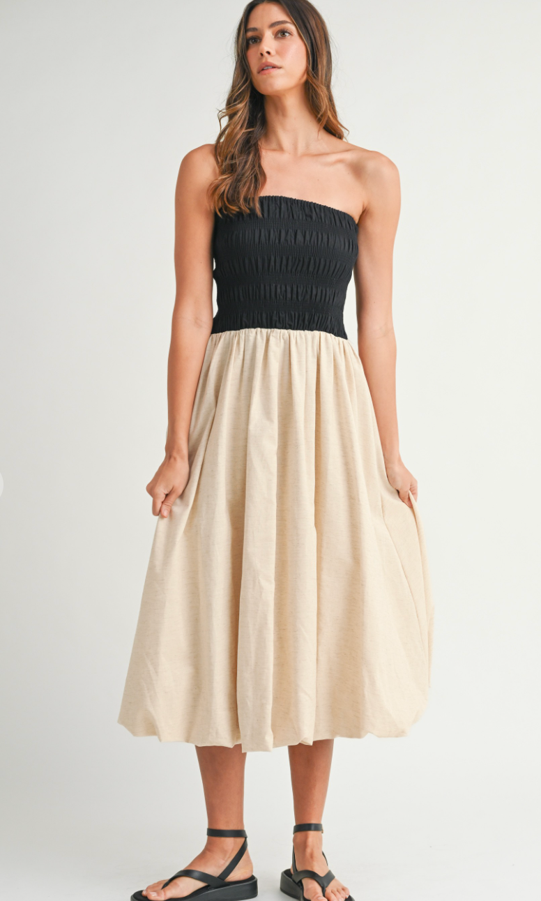 Linen Smocked Strapless Dress