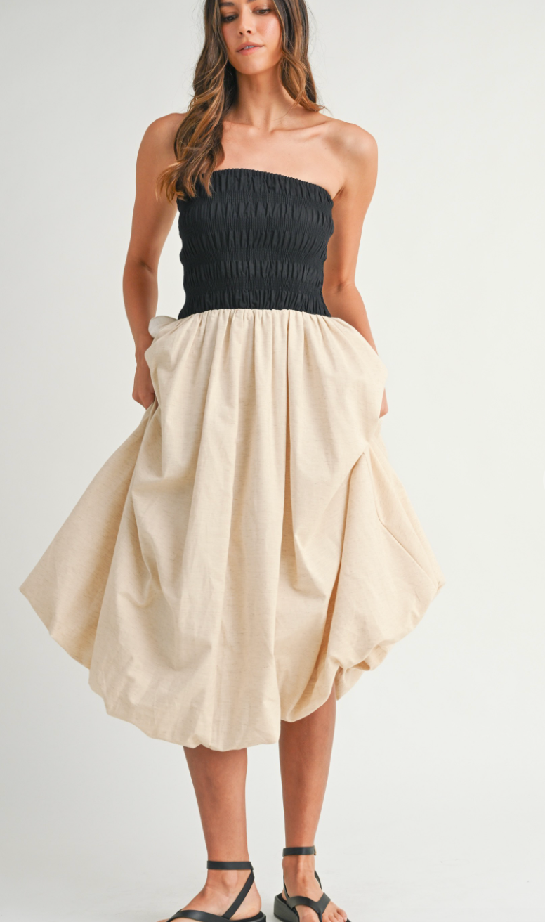 Linen Smocked Strapless Dress