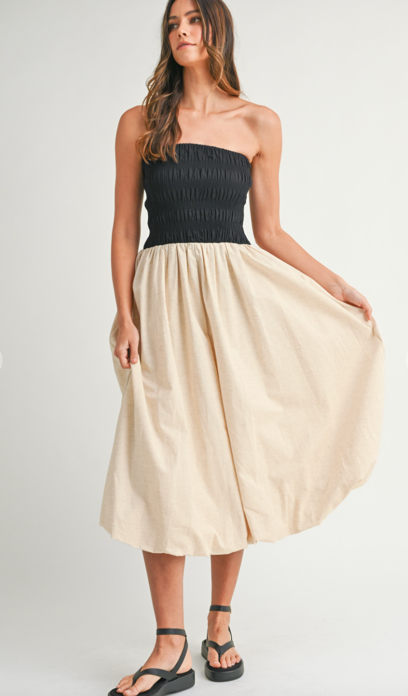 Linen Smocked Strapless Dress