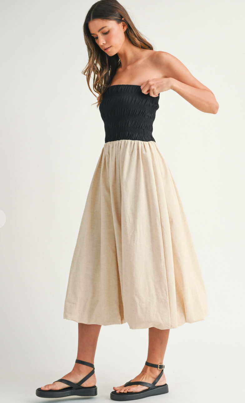 Linen Smocked Strapless Dress