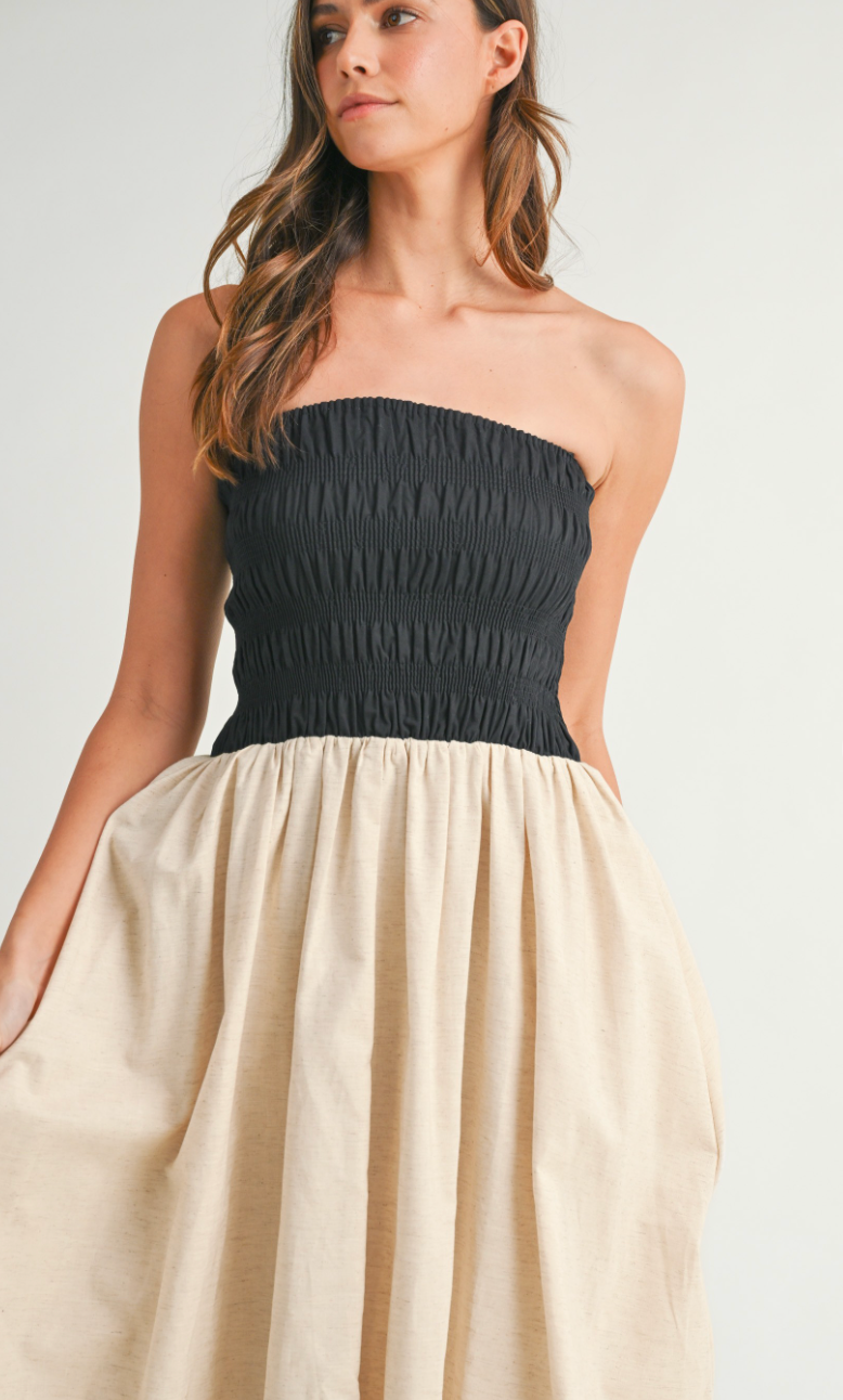 Linen Smocked Strapless Dress