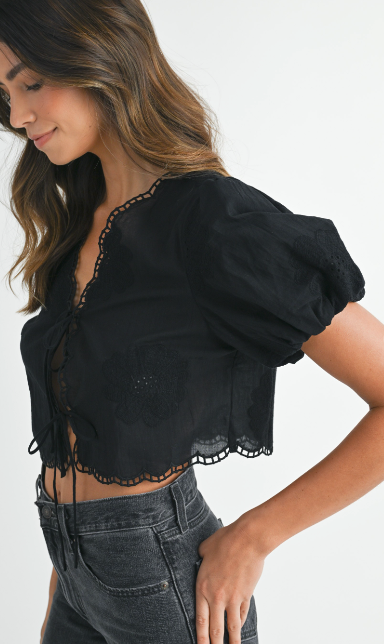 Embroidered Ties Top Black