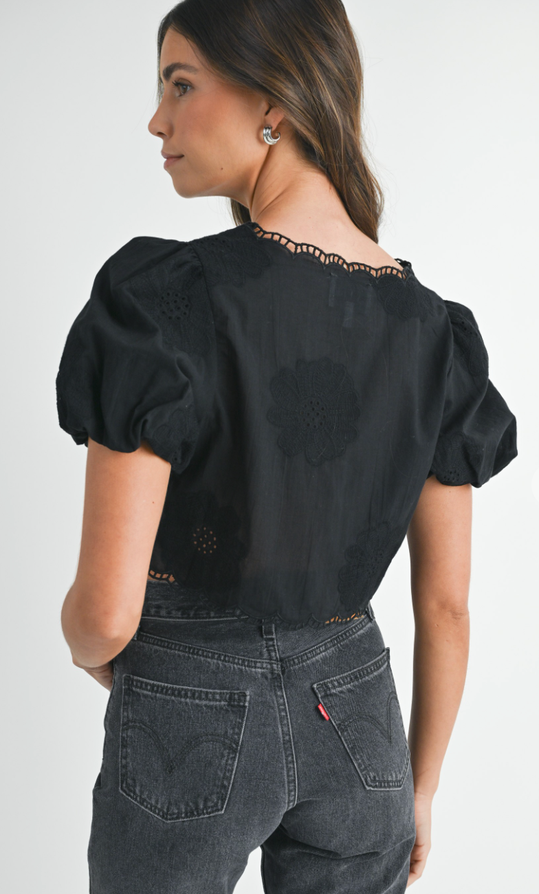 Embroidered Ties Top Black