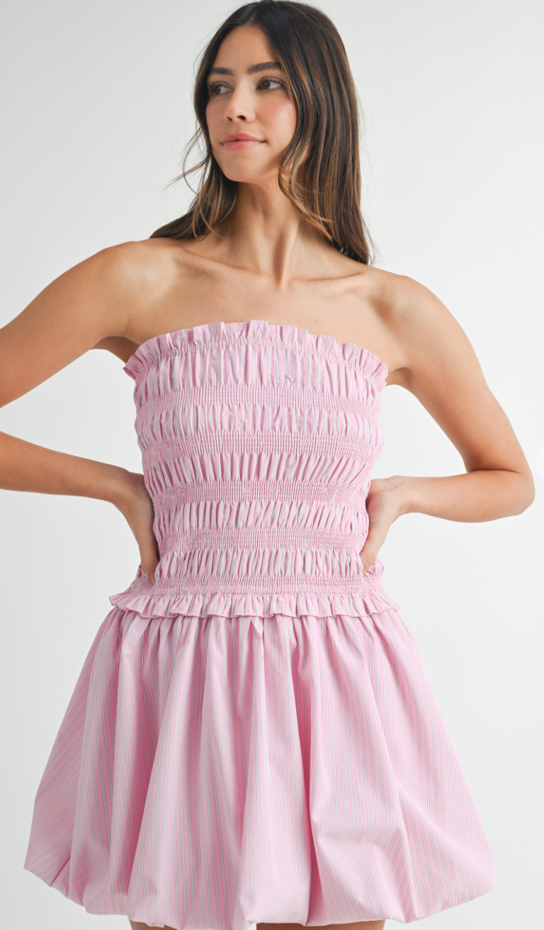 Pink Strapless Stripe Balloon Dress