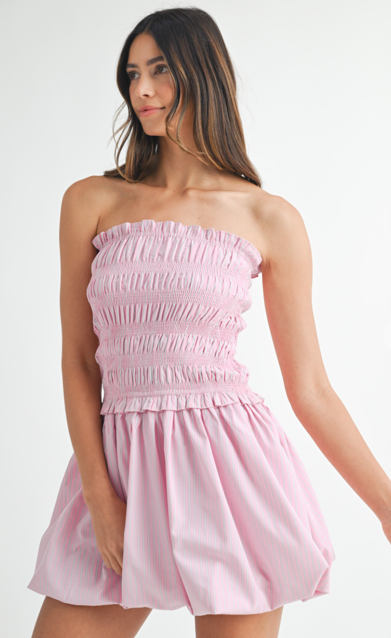 Pink Strapless Stripe Balloon Dress