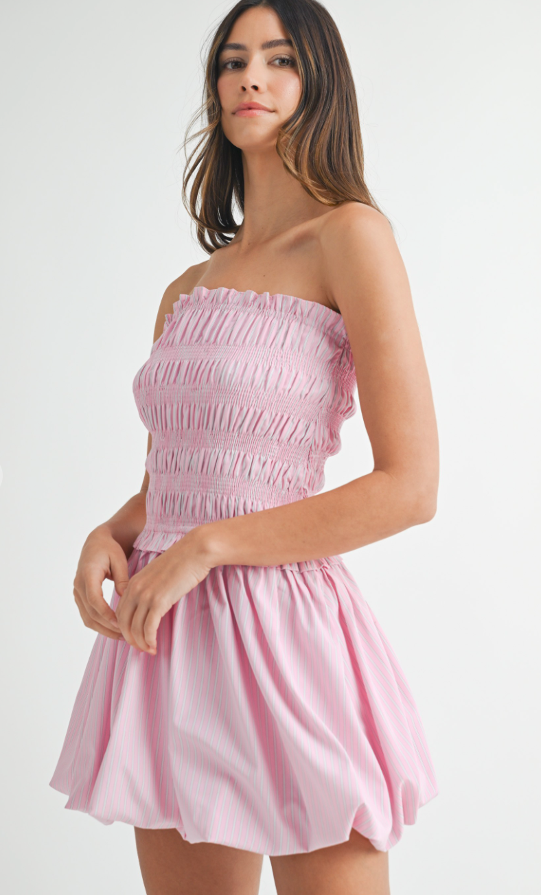 Pink Strapless Stripe Balloon Dress