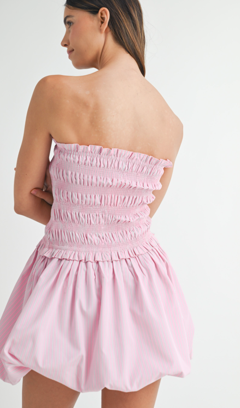 Pink Strapless Stripe Balloon Dress