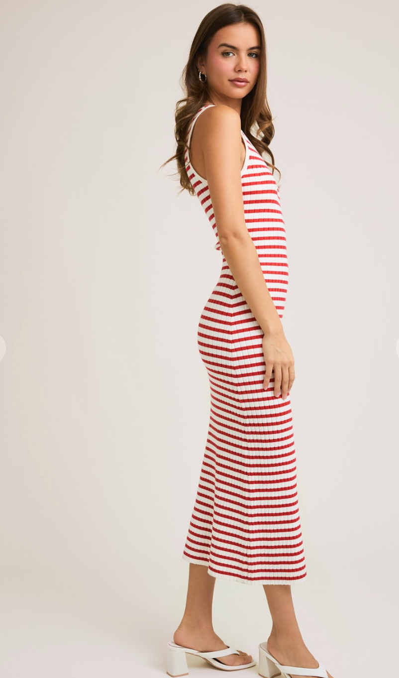 White/Red Stripe Midi Dress