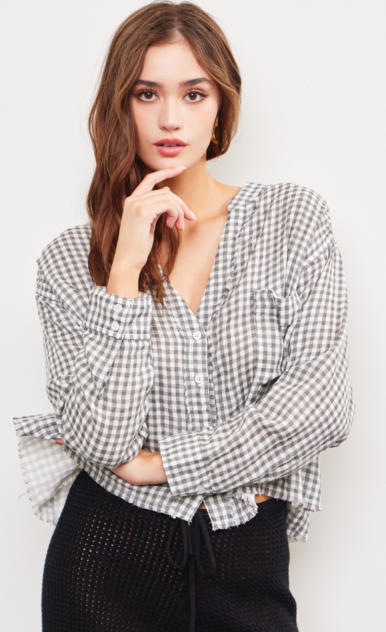 V-neck Gingham Top Grey