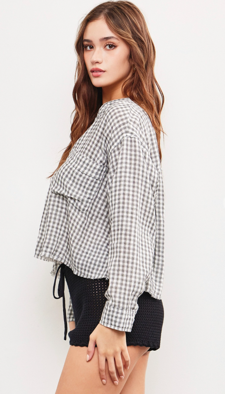 V-neck Gingham Top Grey