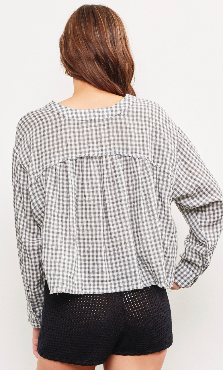 V-neck Gingham Top Grey