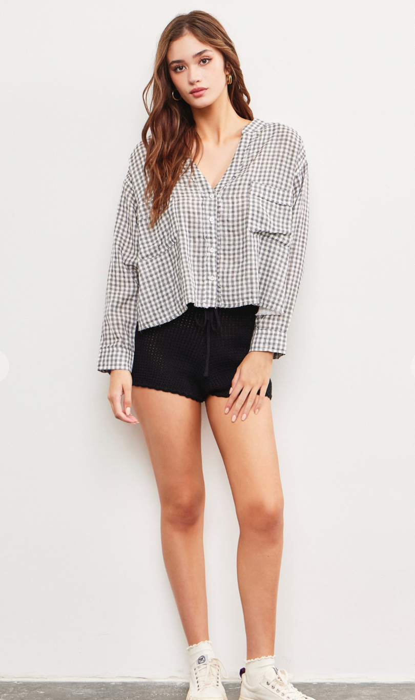 V-neck Gingham Top Grey