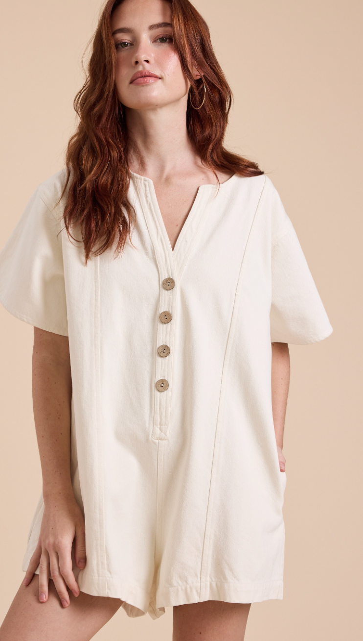 Dori Button Cotton Romper Ivory