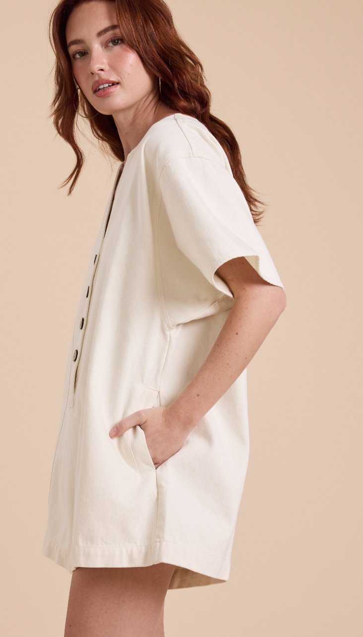 Dori Button Cotton Romper Ivory
