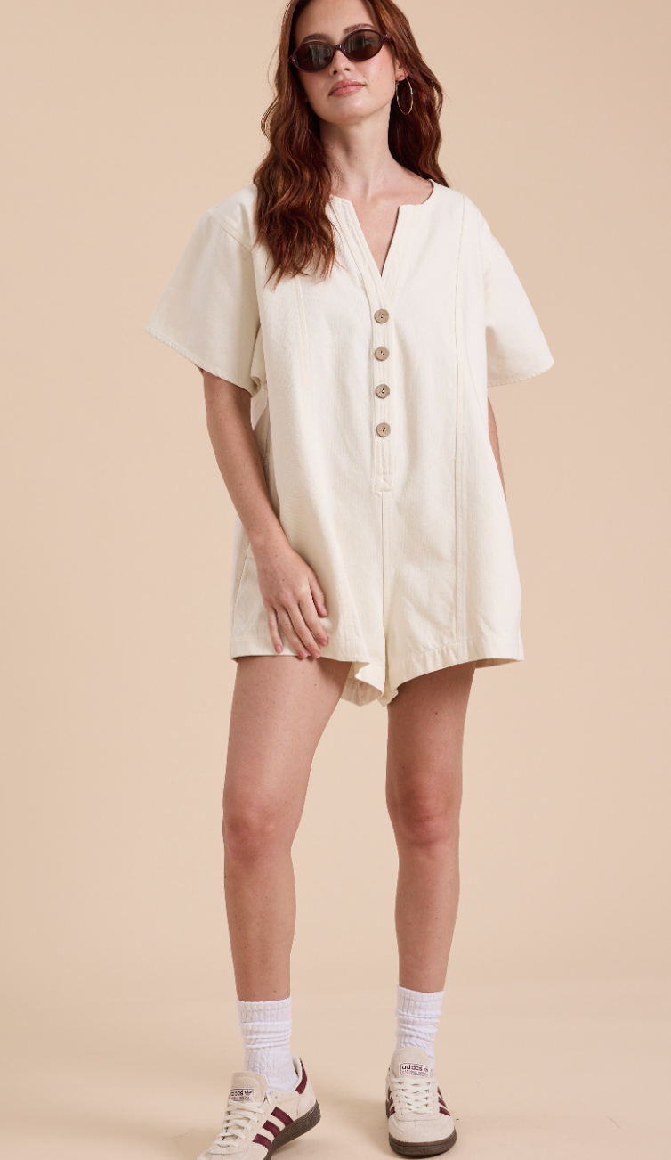 Dori Button Cotton Romper Ivory