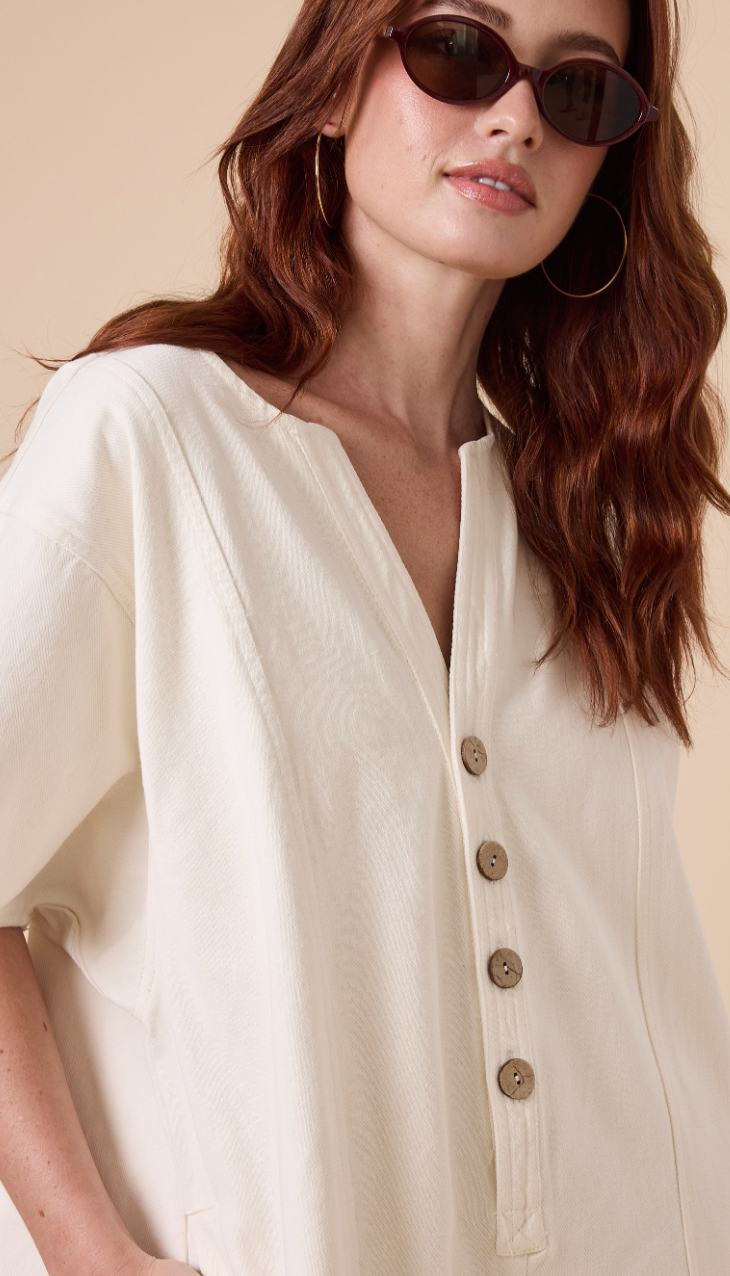 Dori Button Cotton Romper Ivory