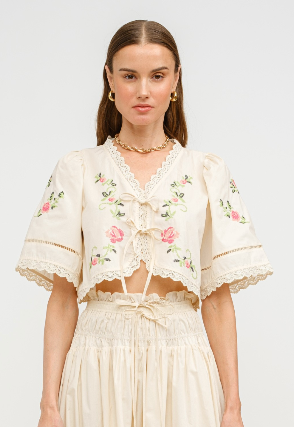Judy Embroidered Tie Top Cream
