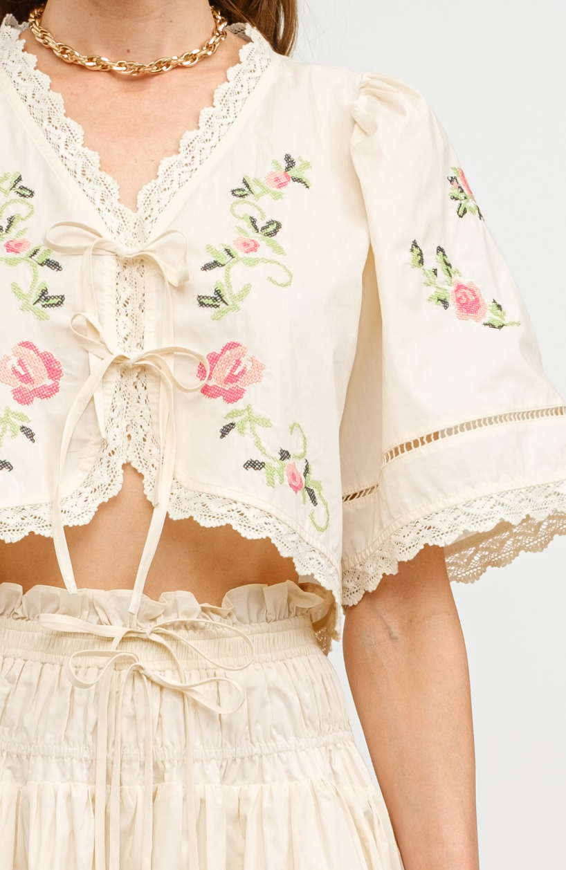 Judy Embroidered Tie Top Cream