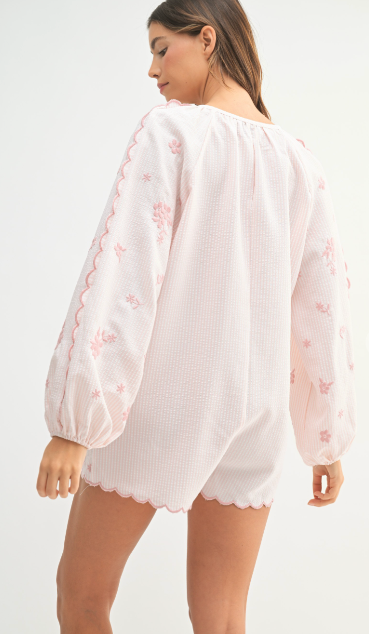 Seersucker Heart Pocket Romper Pink