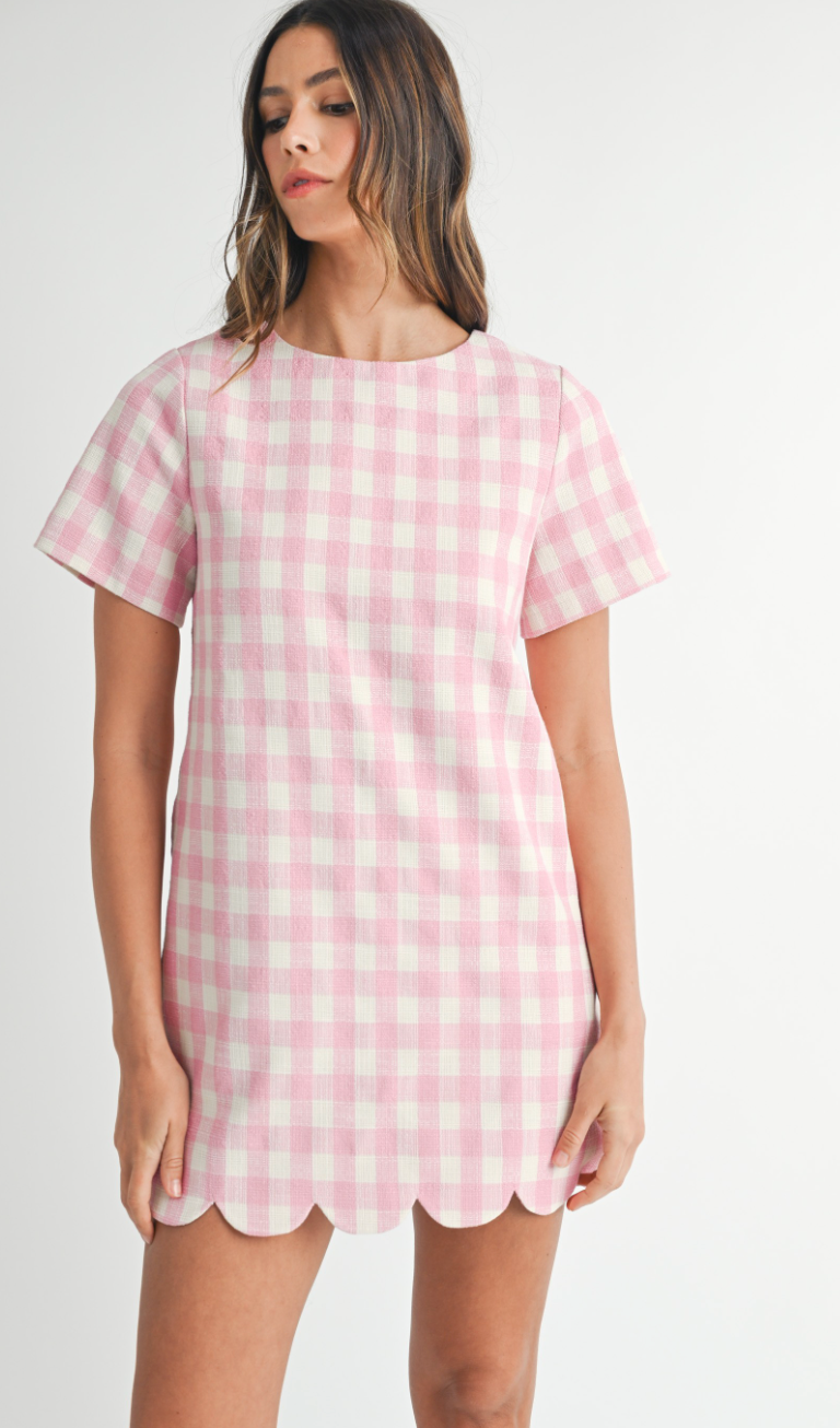 Pink Plaid Scallop Hem Dress