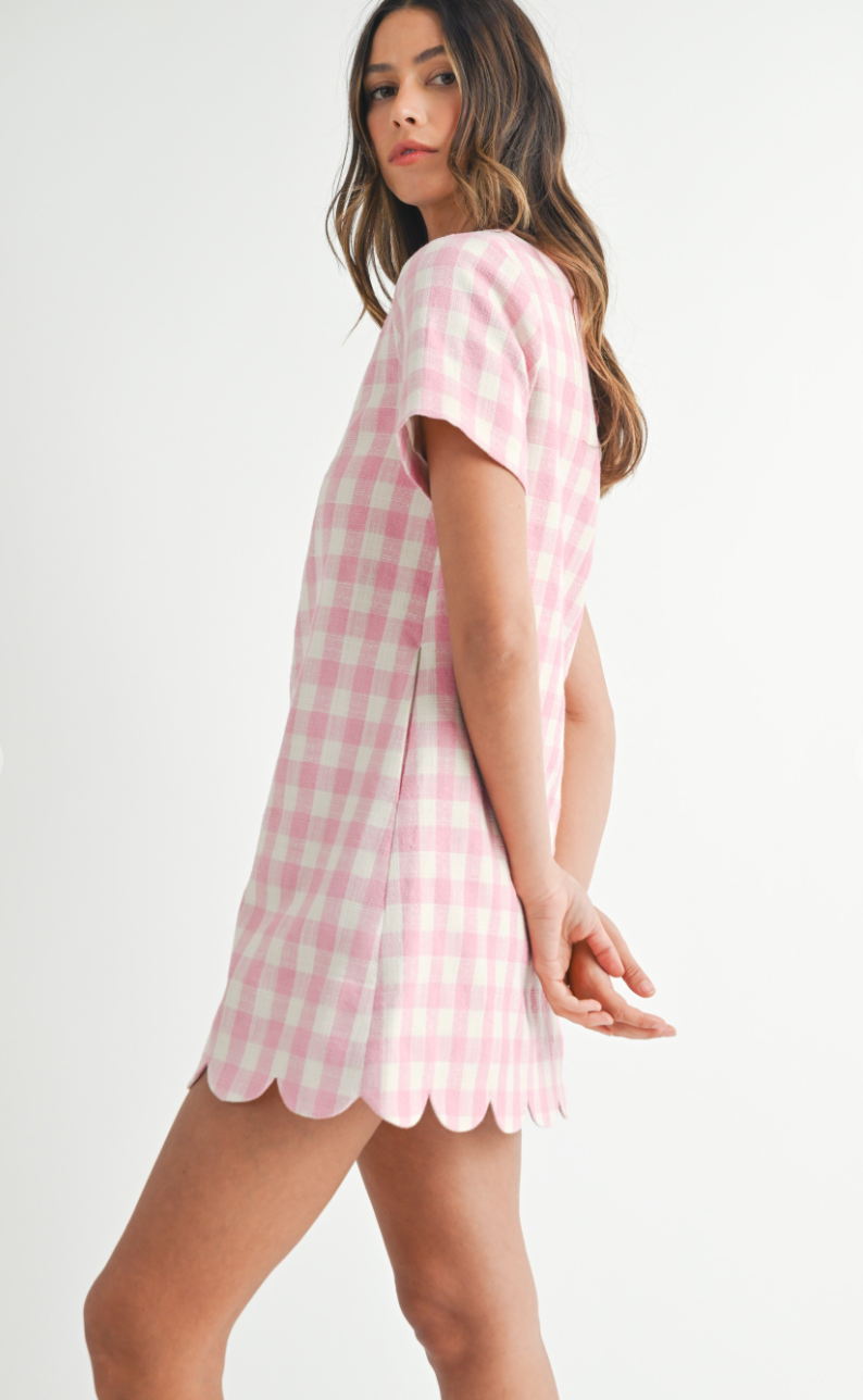 Pink Plaid Scallop Hem Dress