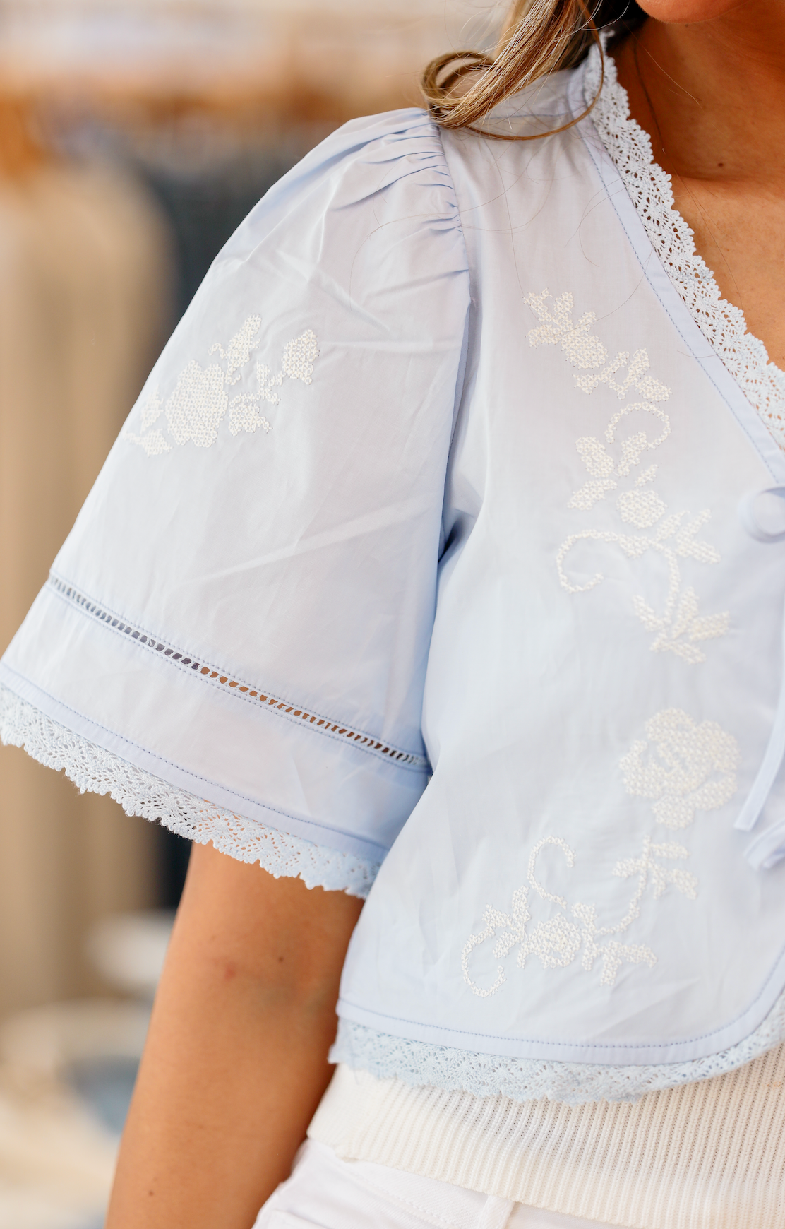 Judy Embroidered Tie Top Blue