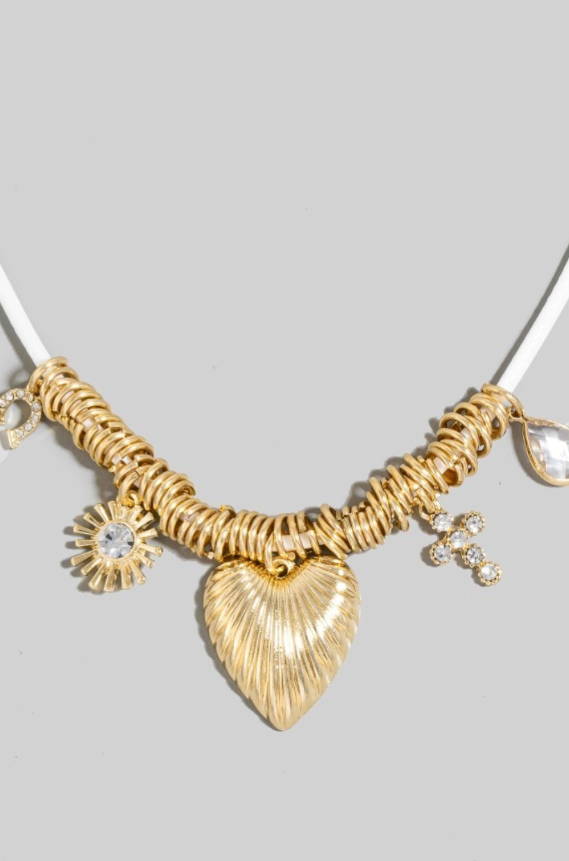 Heart Cross & Gem Cord Necklace