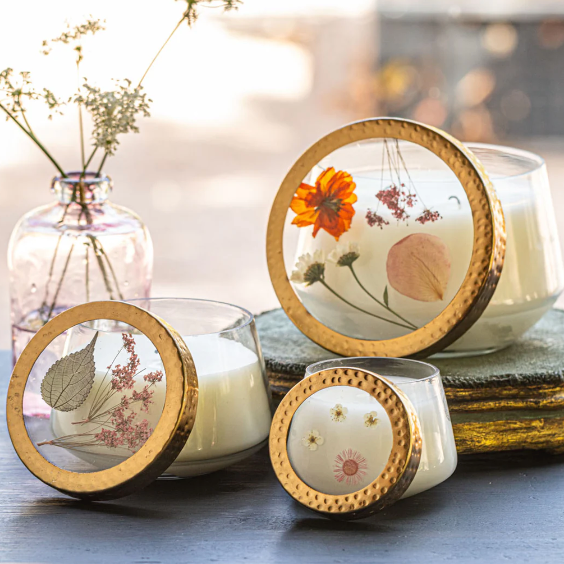 Apricot Rose Pressed Flower Candle - L