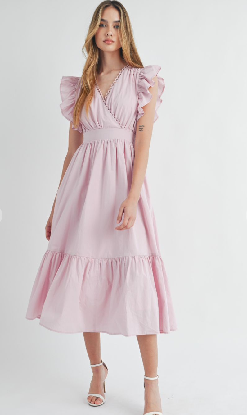 Flutter Sleeve Midi Dress Pink