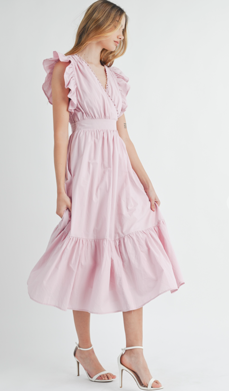 Flutter Sleeve Midi Dress Pink