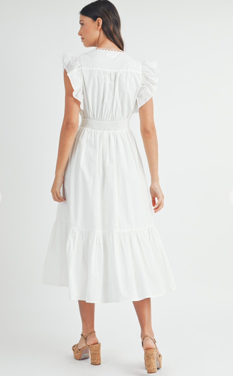 Flutter Sleeve Midi Dress White