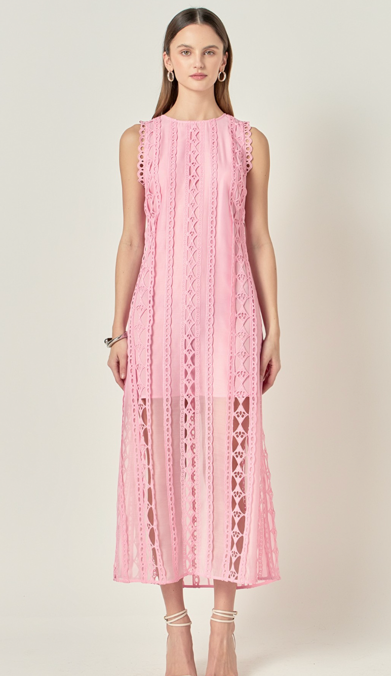 Pink Sheer Lace Midi Dress