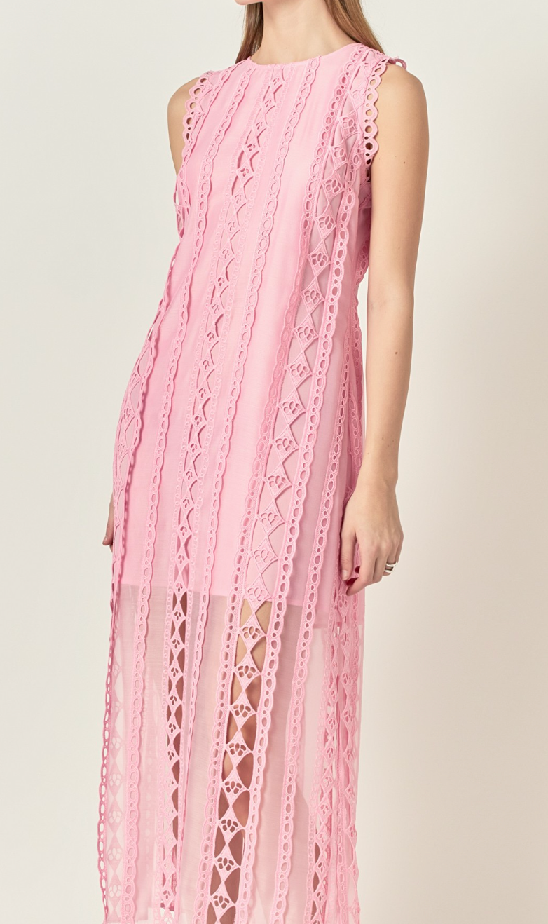Pink Sheer Lace Midi Dress