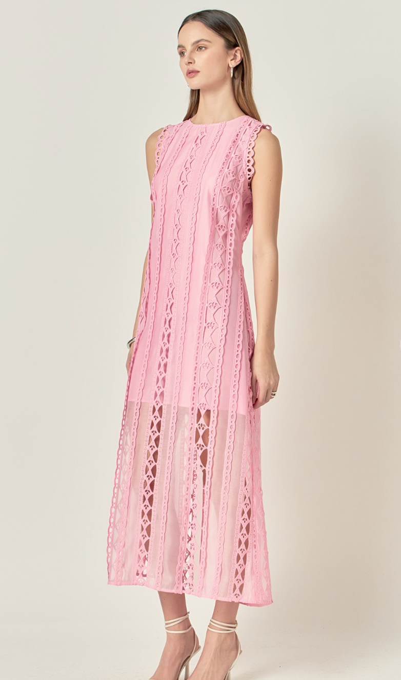 Pink Sheer Lace Midi Dress