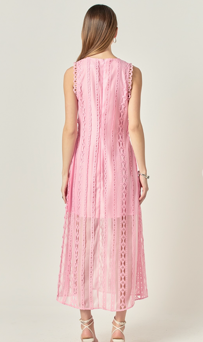 Pink Sheer Lace Midi Dress