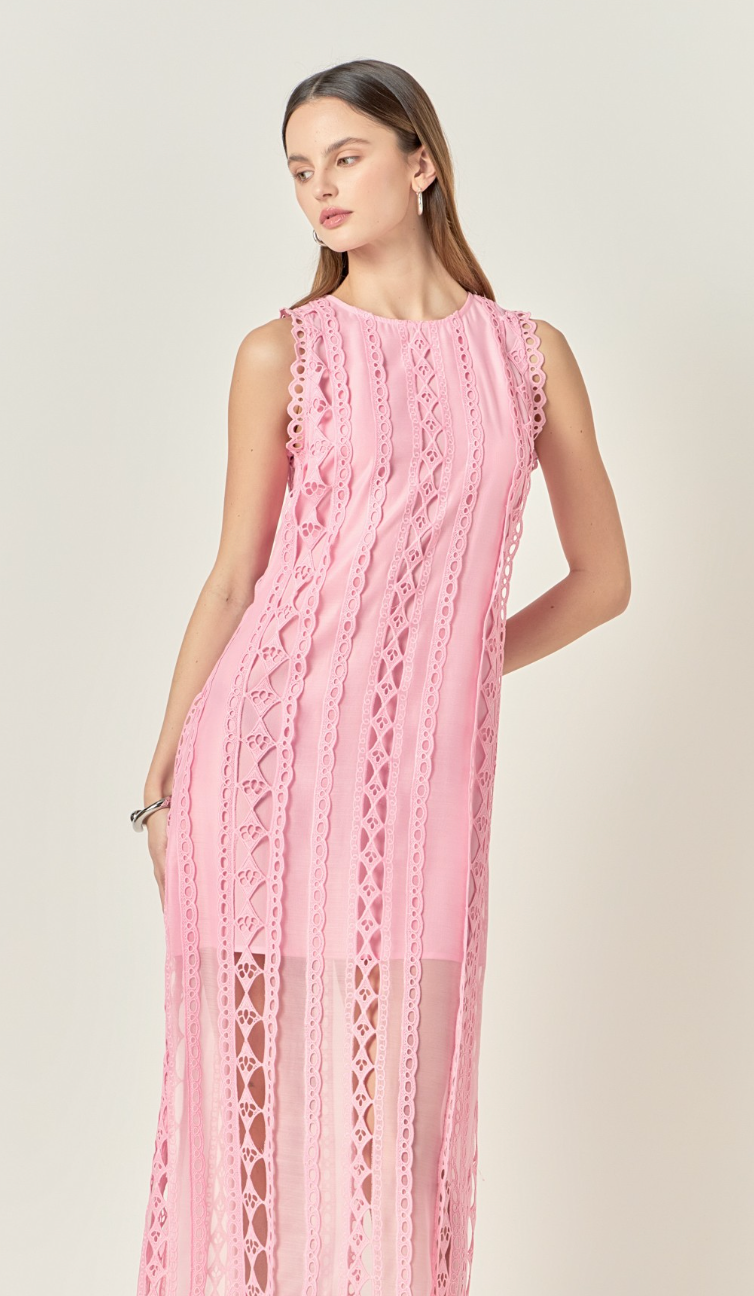 Pink Sheer Lace Midi Dress