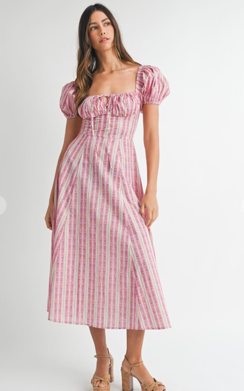 Pink Floral Stripe Midi Dress