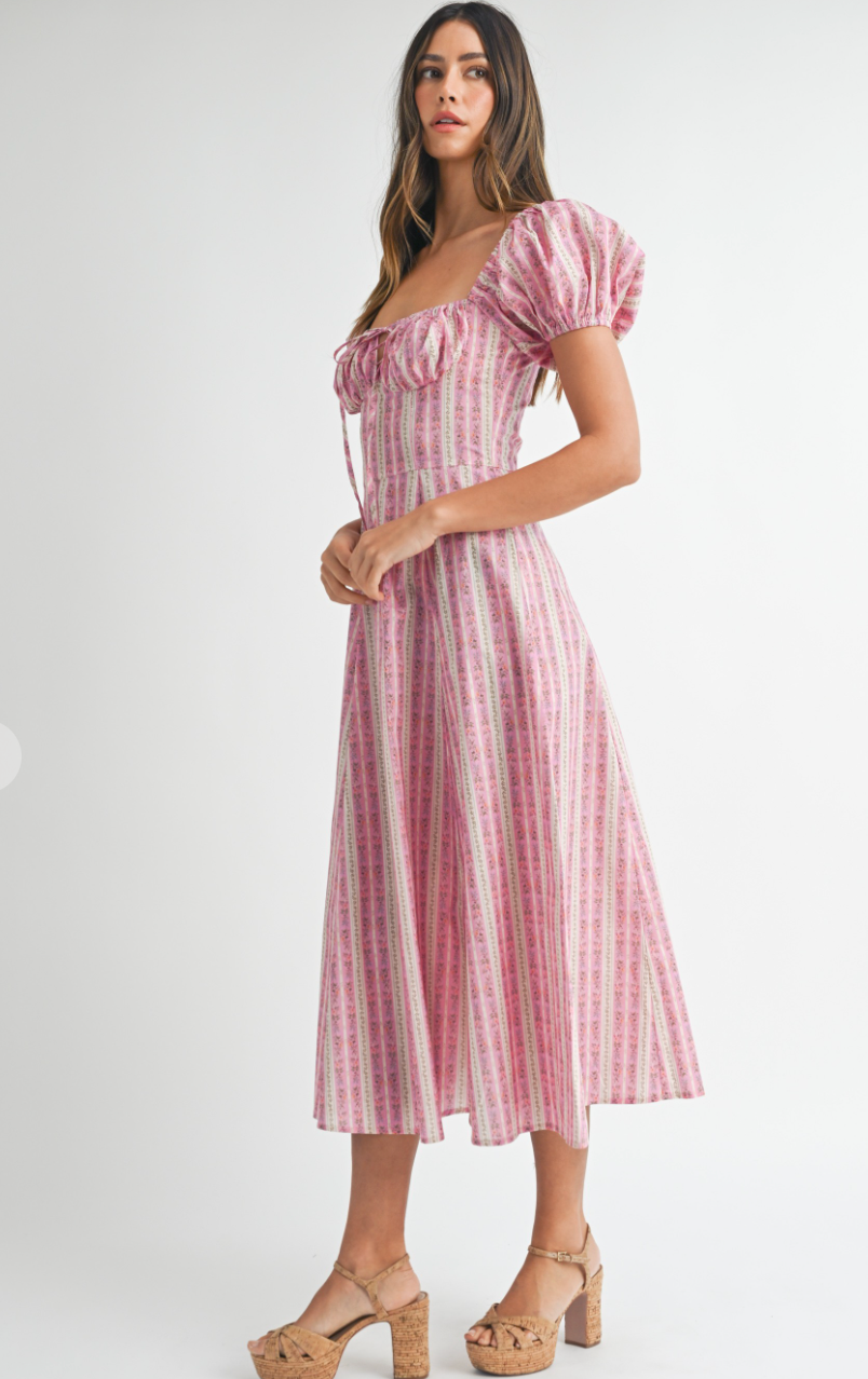 Pink Floral Stripe Midi Dress
