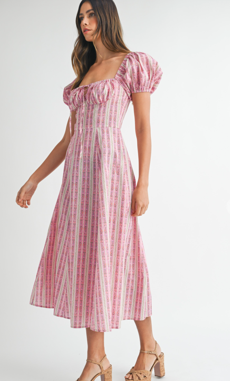 Pink Floral Stripe Midi Dress