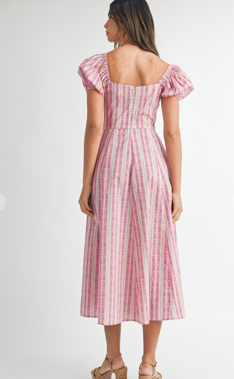 Pink Floral Stripe Midi Dress