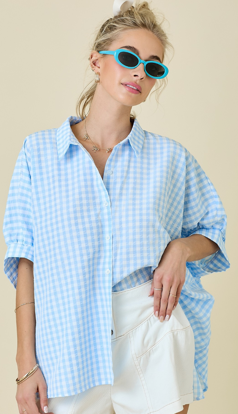 Blue Gingham Dolman Shirt